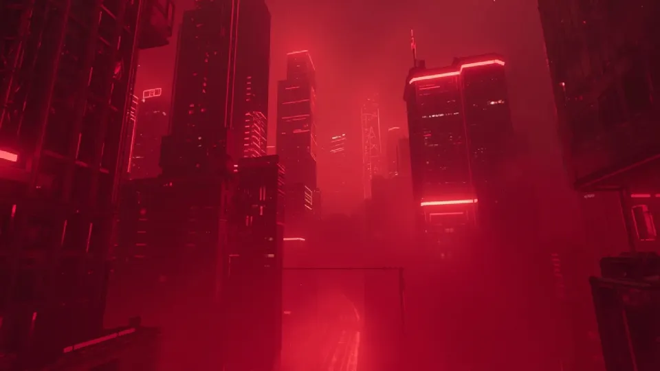 futuristic cityscape with red neon lighting